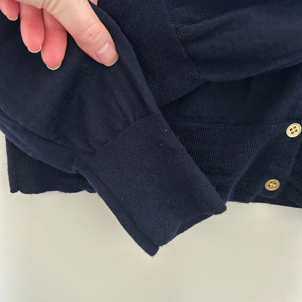 J. Crew Merino Wool Navy Crew Neck Cardigan with Gold Buttons Size XL